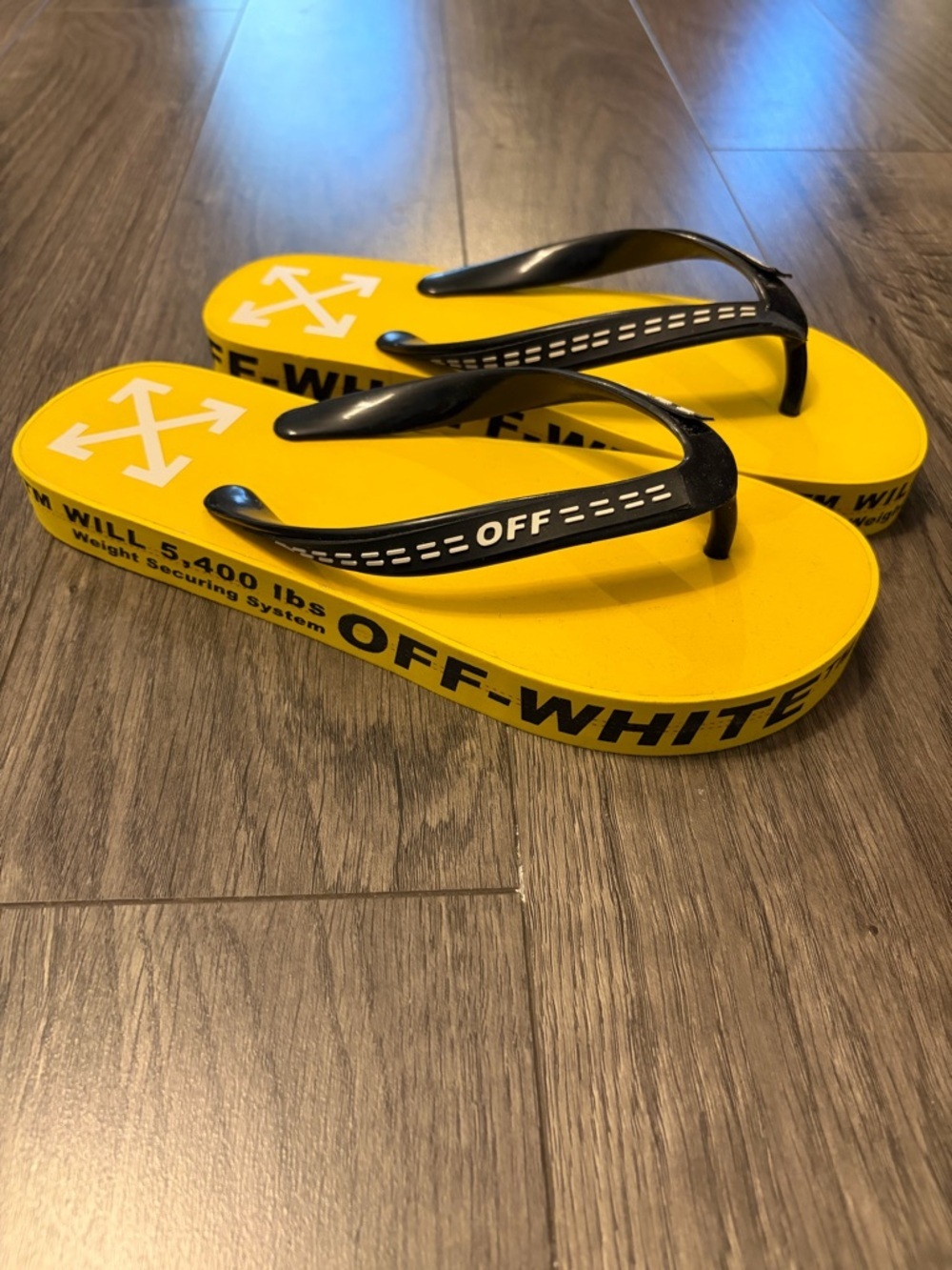 Off-White Yellow and Black Logo Flip Flops image 3